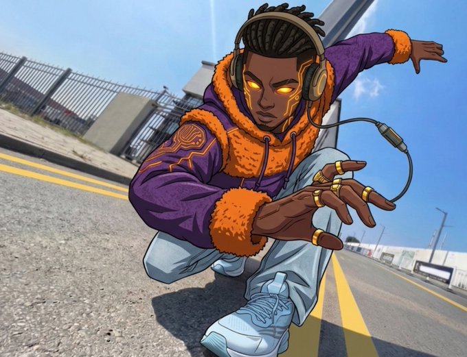 An animated illustration of a character with glowing orange eyes, wearing headphones and a purple and orange hoodie, posing dynamically in a crouched position on a street.