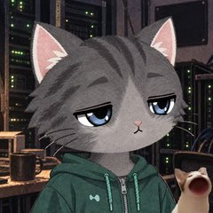 An illustration of an anime-style gray tabby cat with blue eyes wearing a green hoodie against a nighttime cityscape background.