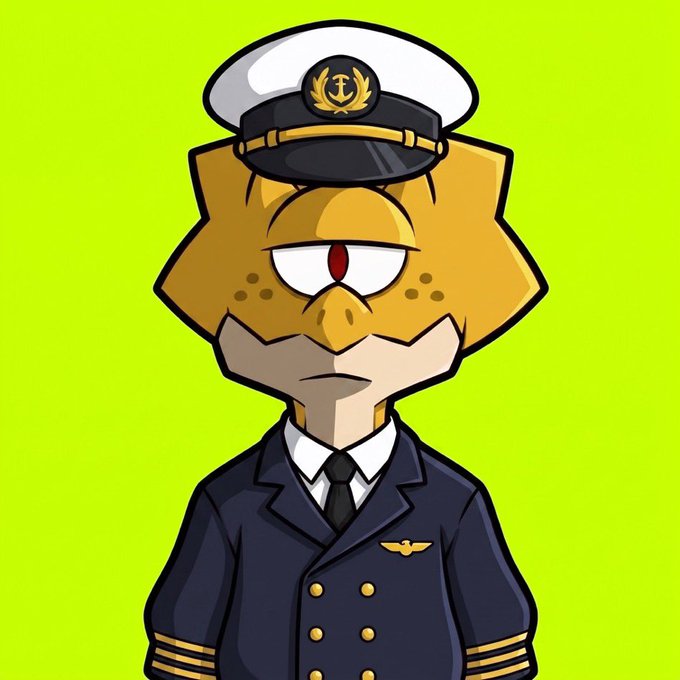 A cartoon character with an orange, angular head wearing a navy captain's uniform and white hat against a bright green background.