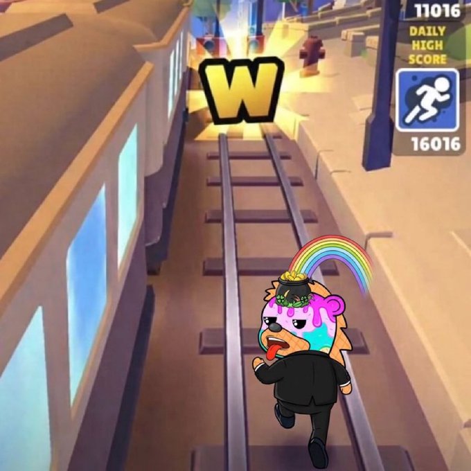 A screenshot from a mobile endless runner game showing a character with a rainbow ponytail and colorful head running along train tracks, with a large yellow 'W' icon above and a 'DAILY HIGH SCORE' of '16016' displayed with '11016' in the corner.