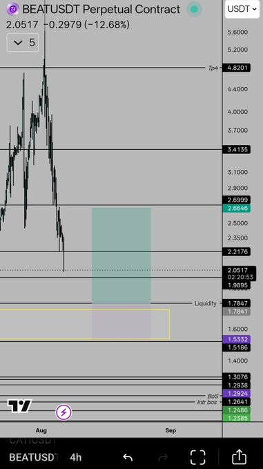 A financial chart showing the BEATUSDT Perpetual Contract on a 4h timeframe, with a current price of 2.0517 and a decrease of -12.68%.
