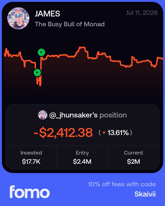 A 'fomo' app social trading post by user JAMES ('The Busy Bull of Monad') showing @_jhunsaker's position down -$2,412.38 (-13.61%), with an invested amount of $17.7K, entry of $2.4M, and current value of $2M.