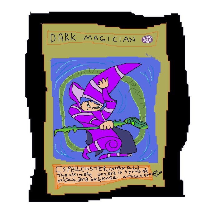 A handmade-style trading card resembling a Yu-Gi-Oh! card titled 'DARK MAGICIAN' with a child-like drawing of the character and handwritten text.