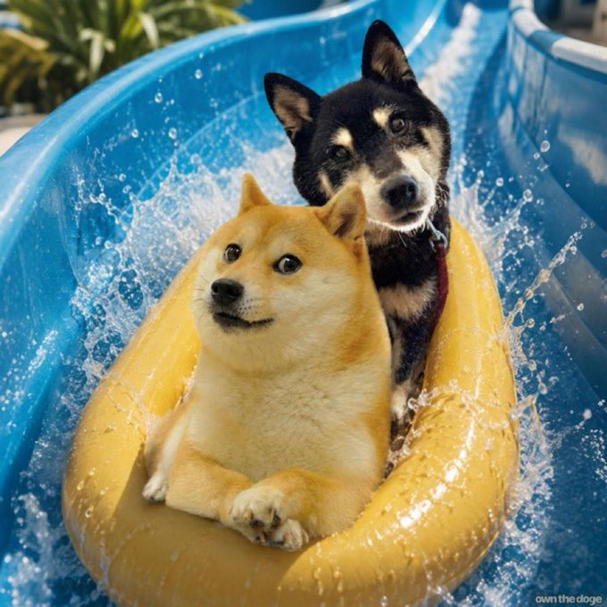 Two dogs—a Shiba Inu and a black Shiba-like dog—ride together on a yellow inner tube as they speed down a blue water slide, with the watermark "own the doge" visible in the bottom right corner. The image playfully captures the meme spirit of the post, which rallies behind $MANYU as a new Shiba-themed meme coin aiming to rival $DOGE and $SHIB, with the duo's joyful ride symbolizing the fun and momentum behind the "dark Shiba" coin.