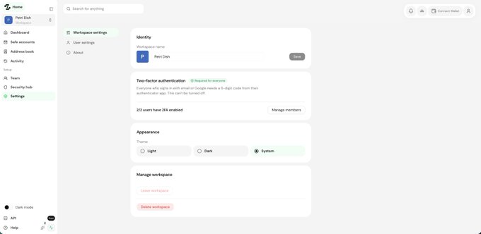 A screenshot of a wallet settings page showing "2/2 users have 2FA enabled" alongside a disabled "Two-factor authentication" option, confirming that the platform is preparing to roll out 2FA functionality with Safe.