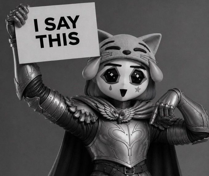The image shows a black-and-white illustration of a knight in ornate armor wearing a cat-themed hood and an expressive mask, holding up a sign that reads "I SAY THIS."

The post pairs the image's declarative "I SAY THIS" sign with a confident, irreverent crypto/stock call-out ($clussy this cycle), using the knight's theatrical pose as a humorous way to "announce" the bold opinion.