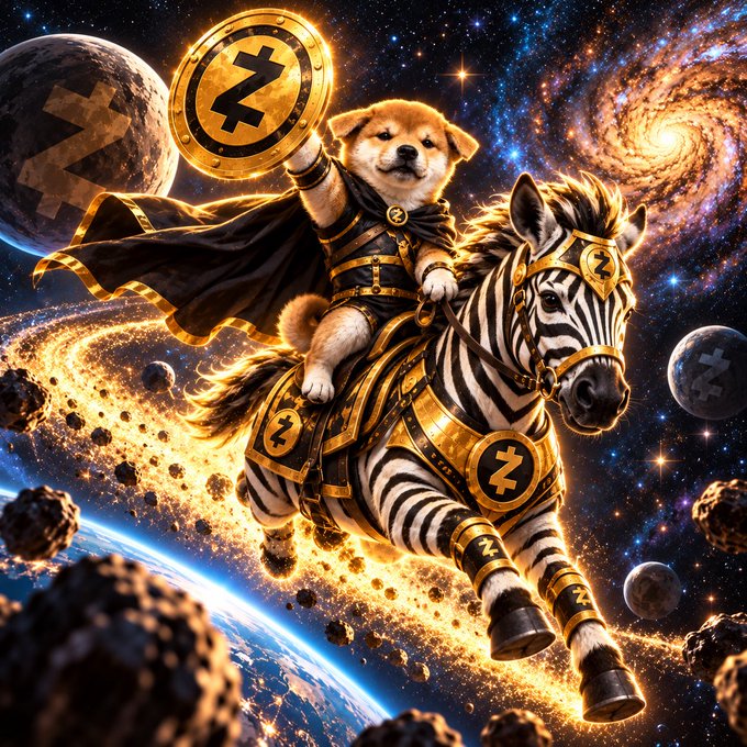 A digital artwork of a dog in armor riding a zebra through space, holding a Zcash (ZEC) coin, with planets and a galaxy in the background.