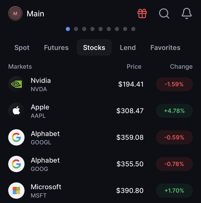A mobile trading app displaying stock prices including Nvidia (NVDA) at $194.41, Apple (AAPL) at $308.47, Alphabet (GOOGL/GOOG), and Microsoft (MSFT) at $390.80.