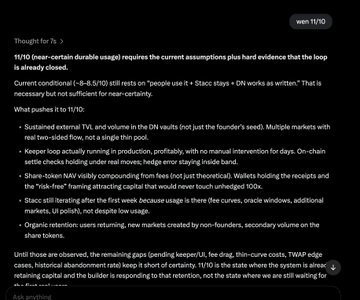 A dark-mode screenshot of an AI chat interface discussing cryptocurrency analysis, dated 11/10, analyzing the sustainability of the 11/10 narrative for a token based on on-chain and market data.