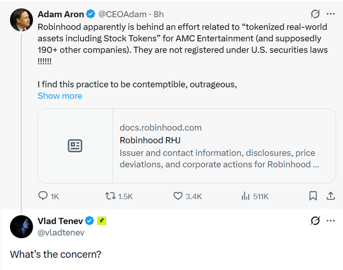 A screenshot of a X/Twitter exchange where AMC CEO Adam Aron (@CEOAdam) accuses Robinhood of an unregistered "tokenized real-world assets including Stock Tokens" effort affecting AMC Entertainment and 190+ other companies, while Robinhood CEO Vlad Tenev (@vladtenev) curtly replies "What's the concern?" The image illustrates the catalyst mentioned in the post—Tenev's brief, dismissive response to Aron's "outrageous" claim about tokenized stocks.