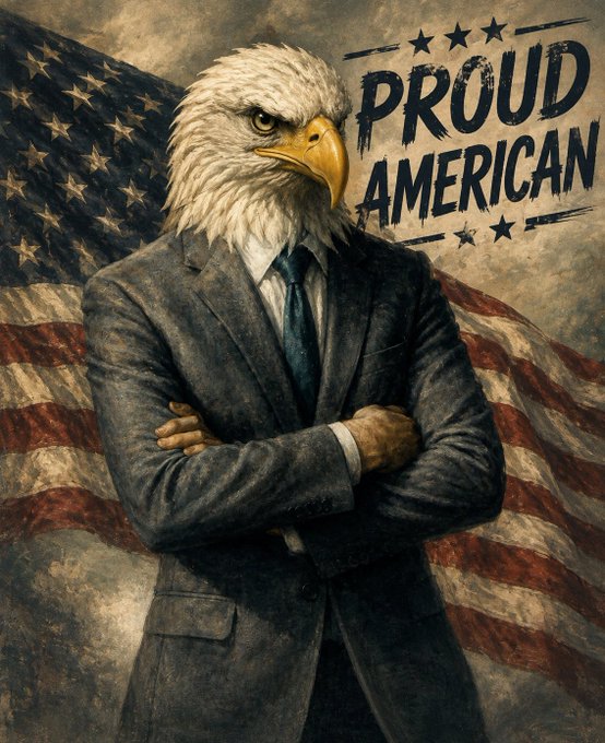 A patriotic digital illustration of an anthropomorphic bald eagle wearing a dark suit and tie with arms crossed, standing in front of an American flag with the text 'PROUD AMERICAN'.