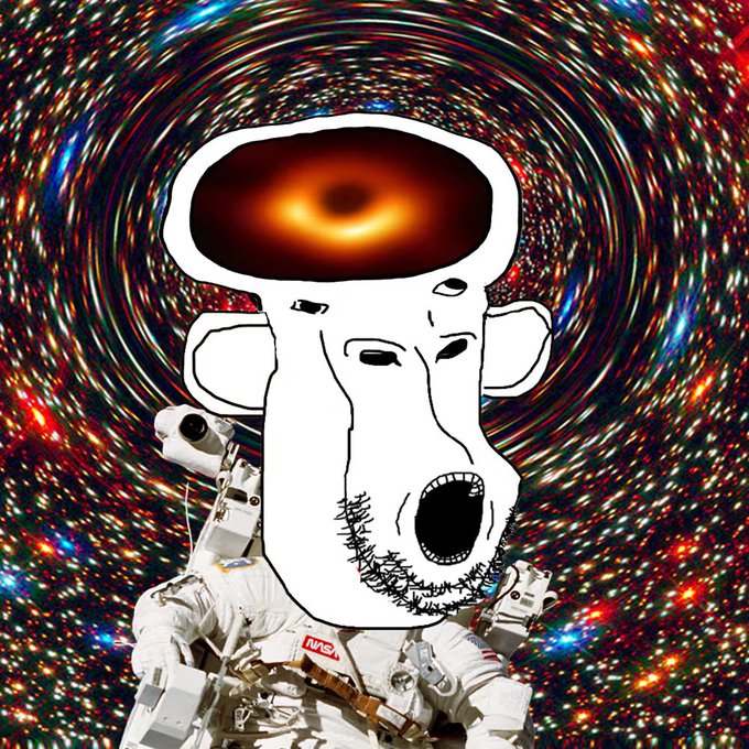 A surreal meme image featuring a crudely drawn white face with an open mouth shouting, topped with a glowing orange black hole, set against a swirling colorful cosmic background and wearing an astronaut suit.