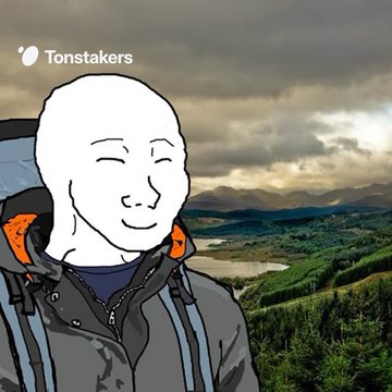 The image features a white man with an orange stripe down his neck, wearing a gray jacket and backpack, standing against a backdrop of mountains and trees. The caption reads "gm. DeFi gang or meme trading gang?". This suggests that the image might be related to a meme or a social media post featuring the white man in a humorous or satirical context.

The main focus is on the white man with an orange stripe down his neck, who appears to be smiling and posing for the camera. The background of the image showcases a beautiful landscape with mountains and trees, creating a visually appealing contrast between the man's face and the natural surroundings.