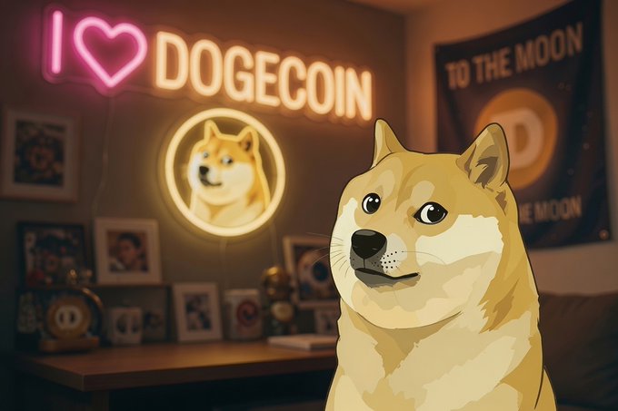 An illustrated Shiba Inu, the iconic Dogecoin mascot, sits in a dimly lit room featuring glowing neon signs that read "I ❤ DOGECOIN" and "TO THE MOON," directly illustrating the post's enthusiastic endorsement of the cryptocurrency.