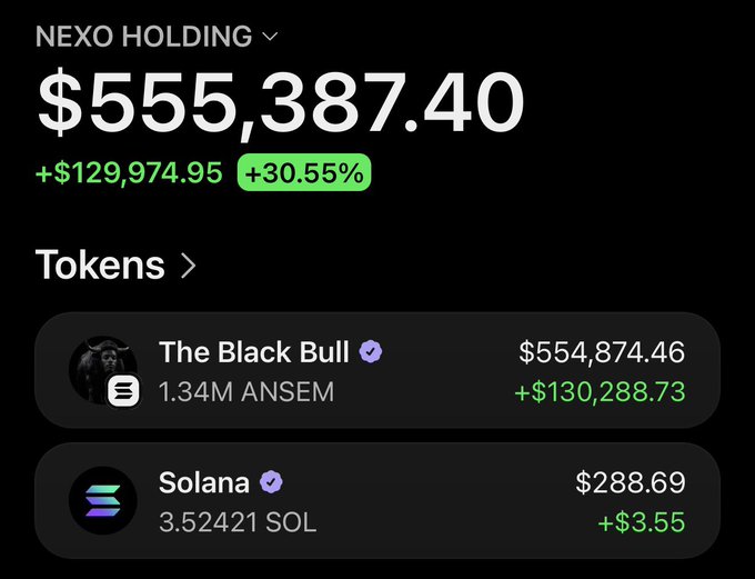 A screenshot of a Nexo holding portfolio shows a total balance of $555,387.40 (+30.55%), with the majority held in "The Black Bull" token at 1.34M ANSEM worth $554,874.46 and a small Solana position of 3.52421 SOL worth $288.69. The image demonstrates the poster's significant ANSEM holdings as proof to support their announcement about airdropping the pumping token to followers.
