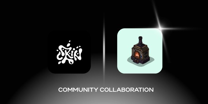 An announcement graphic reading 'COMMUNITY COLLABORATION' showing two app icons side-by-side: a black icon with a white splattered logo on the left and a light green icon depicting a fireplace on the right.