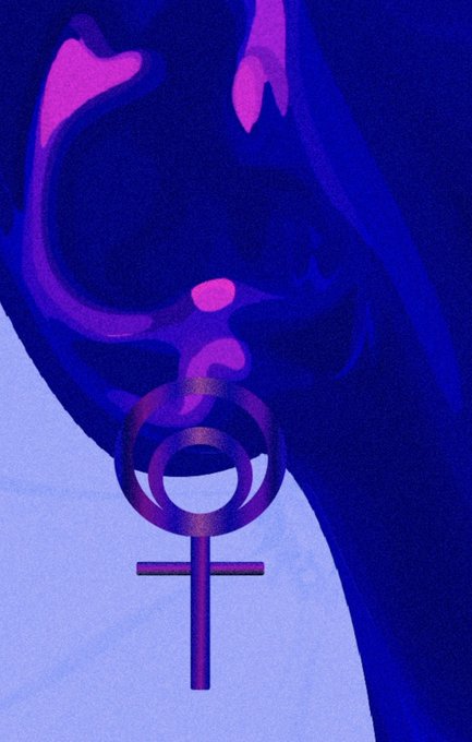 An artistic illustration with deep blue and purple tones depicting a hand holding a stylized symbol that combines interlocking circles with a Venus/female cross below.