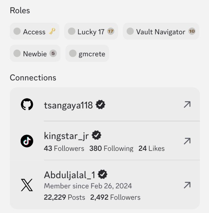 A profile section showing roles (Access, Lucky 17, Vault Navigator, Newbie, gmcrete) and social connections to tsangaya118, kingstar_jr (TikTok), and Abduljalal_1 (X).