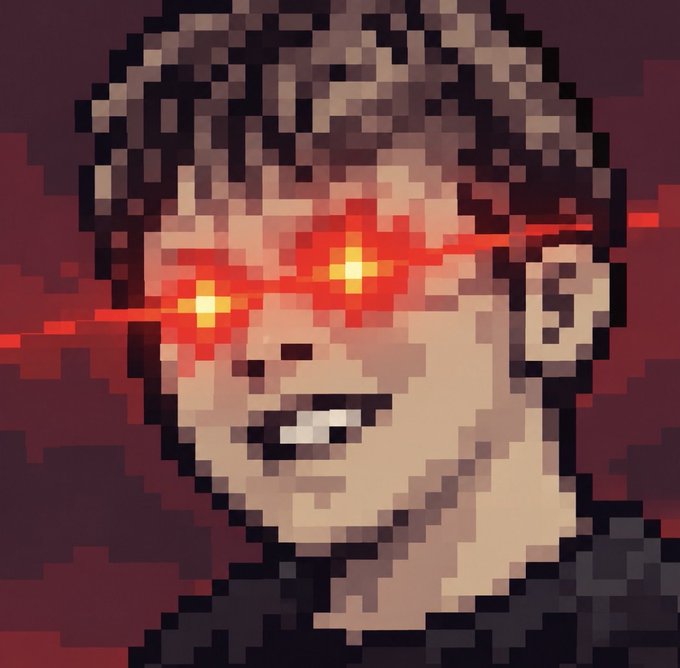 Pixel art portrait of a person with curly hair and an intense expression, featuring glowing red laser-beam eyes against a dark red background.