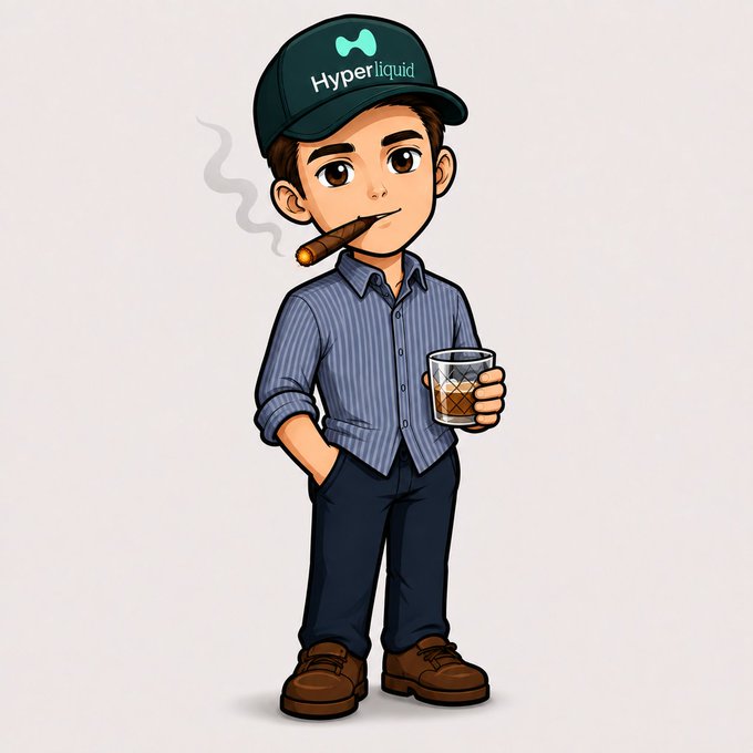 A chibi-style cartoon illustration of a young man wearing a cap labeled 'Hyperliquid', a striped shirt, and dark pants, smoking a cigar while holding a glass of whiskey.
