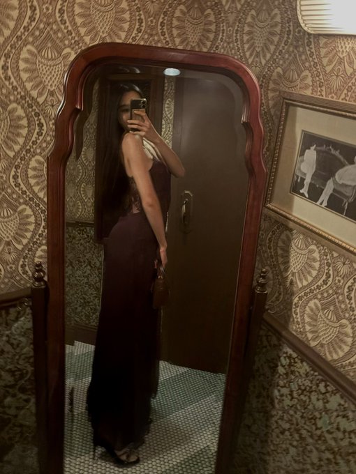 A woman takes a mirror selfie in a dimly lit, ornately wallpapered room, wearing a dark burgundy slip dress with lace detailing while holding up her phone to capture the reflection. The vintage aesthetic of the setting—framed art, ornate mirror, and patterned walls—creates a moody, introspective backdrop that complements the post's nostalgic reflection on past crypto eras and current exploration of the Robinhood Chain.

No text, numbers, tickers, or names are visible in the image.