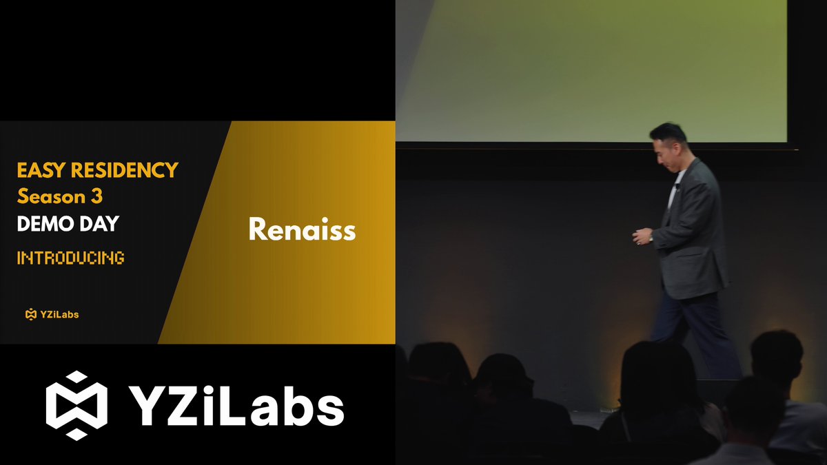 The image shows a man giving a presentation at an event with a large screen behind him displaying his name and company. The text "Easy Residence" can be seen, which suggests that this might be related to a product or service offered by the company. The caption reads "Renaiss @renaissxyz /40 More than  over 200,000 users across Korea, China, Taiwan, Malaysia, and other regions have been onboarded to BNB Chain through renaiss", indicating that the company has recently launched a new product or service for its customers. The image also includes text about the "YZLabs" brand, which is likely related to the presentation or event taking place.