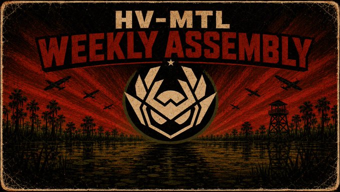 The image features a poster for an event called "Weekly assembly", which appears to be related to aviation or military activities, as indicated by the presence of airplanes and a watermark that reads "AVI-MIL". The poster also includes text that says "HV-MTL Weekly Assembly" and "See you there!". This suggests that the event is scheduled for the next week.