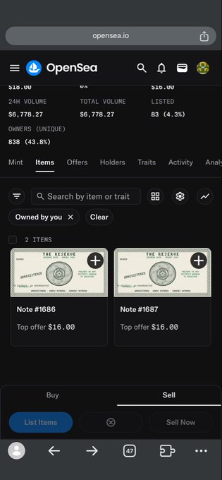 A mobile screenshot of the OpenSea (opensea.io) NFT marketplace interface showing a portfolio with $18.00 in items, listing two 'THE RESERVE' notes (#1686 and #1687) with top offers of $16.00 each.