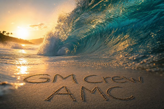 A stunning sunset beach scene featuring a curling turquoise wave, with "GM Crew AMC" written in the sand, capturing the Monday paddle out and stack message.