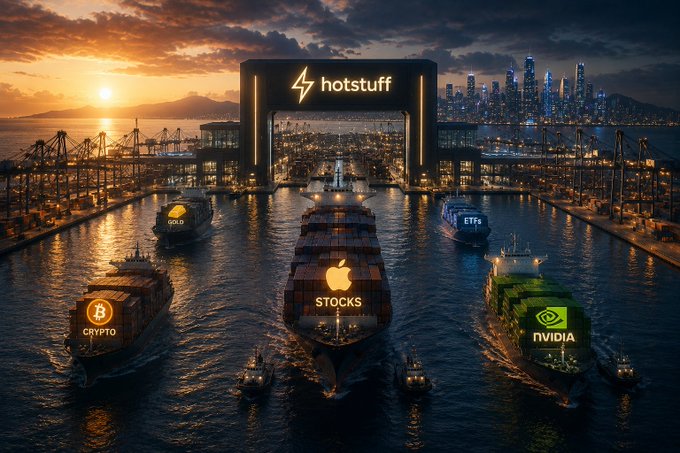An AI-generated cityscape at sunset featuring a port with cargo ships labeled 'CRYPTO', 'STOCKS', 'ETFs', 'NVIDIA', and 'GOLD' near a building marked 'hotstuff'.