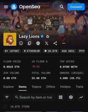A mobile screenshot of the OpenSea NFT marketplace showing the 'Lazy Lions' collection page with floor price 0.0919 ETH, 24H volume 0.00 ETH, and 10,078 items.