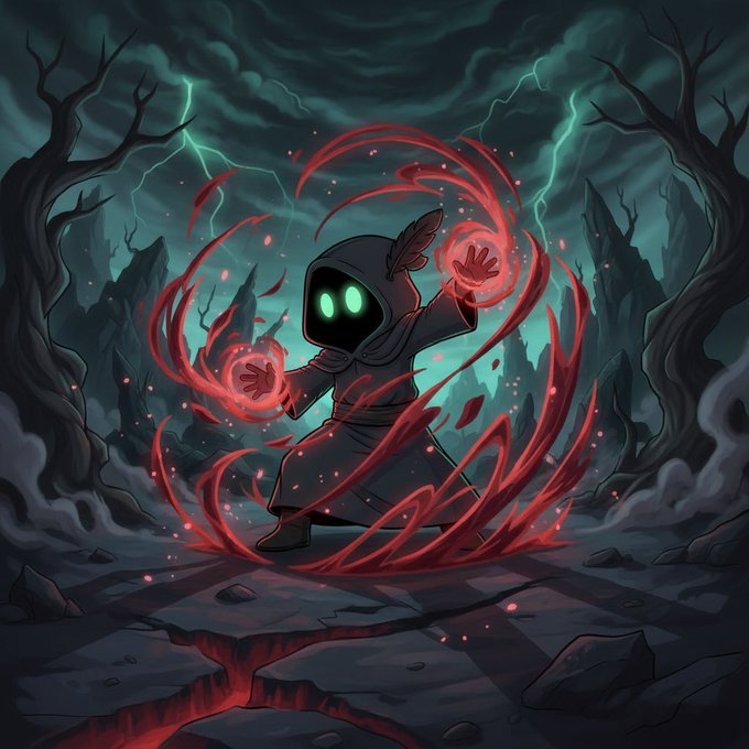 A digital illustration of a hooded, glowing-eyed character in a dark forest casting swirling red magic spells with both hands, surrounded by ominous clouds and lightning.