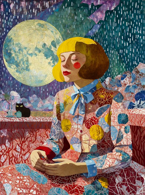 A whimsical illustration of a blonde woman with red cheeks holding a small cup, sitting in a surreal landscape with a large moon, a black cat, and colorful patterned surroundings.