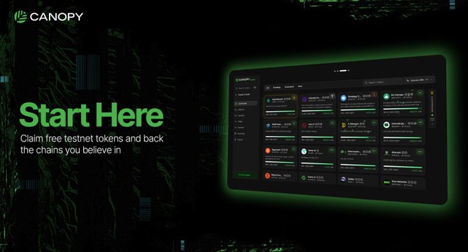 The image shows a promotional landing page for Canopy (labeled "CANOPY") featuring a "Start Here" heading with the tagline "Claim free testnet tokens and back the chains you believe in," alongside a screenshot of the Canopy dashboard displaying various community-built chains (such as Stablecoin (CF), Capybara, and Bitcoin) listed under a "Grant" section. The visual supports the accompanying post by illustrating the user-friendly testnet platform where users can quickly claim free $CNPY tokens and participate in backing emerging blockchain projects.