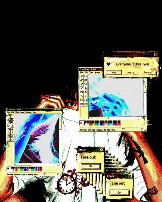 A stylized artwork combines retro Windows 95-era dialog boxes with a glitchy illustration of a person, featuring text including "Everyone likes you," "Time out," "Error," and "For Help, click Help Topics on the Help Menu," paired with a posted price of "0.053 ETH." The nostalgic Y2K aesthetic and surreal overlay of system errors evoke a moody, late-night digital atmosphere that fits the accompanying "Good night...." caption.