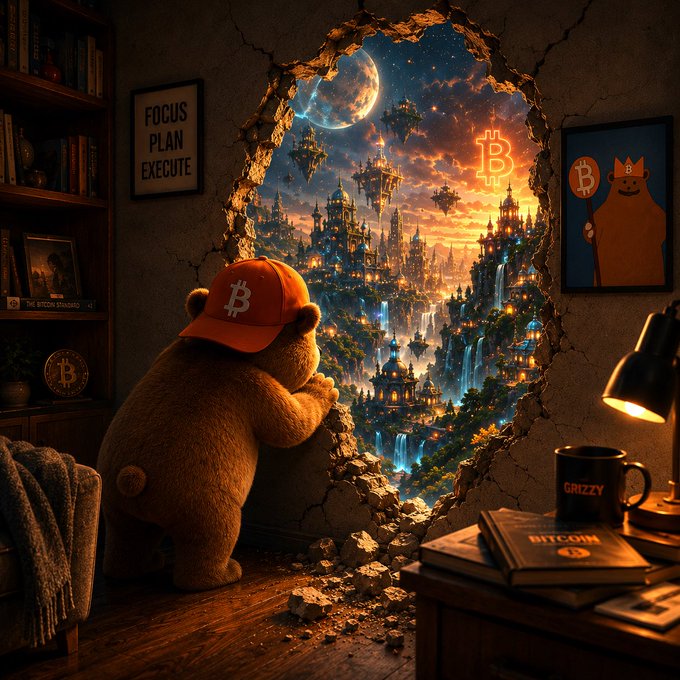 The image features a teddy bear wearing an orange hat, standing next to a bookshelf filled with various items such as books and a clock. The teddy bear appears curious about something outside of the frame, possibly a book or a window that leads to another world. The caption "Focus on what is in the image and how it relates to the post" suggests that the viewer should pay attention to the teddy bear's curiosity and consider the hidden extraordinary elements within the ordinary scene.