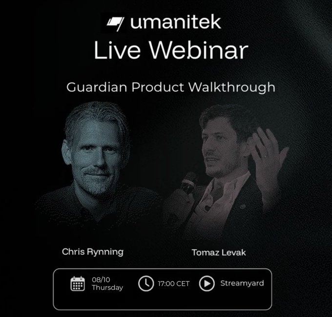A promotional poster for a 'umanitek Live Webinar' featuring 'Guardian Product Walkthrough' with speakers Chris Rynning and Tomaz Levak, scheduled for 08/10 Thursday at 17:00 CET on Streamyard.