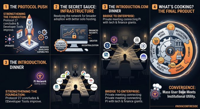 A promotional infographic titled 'THE PROTOCOL PUSH' and 'THE INTRODUCTION: DINNER' outlining Pi Network's development, featuring sections on Protocol 27, infrastructure upgrades, and bridging mass users with institutional utility, tagged #NOVACOMFIRESIDE.