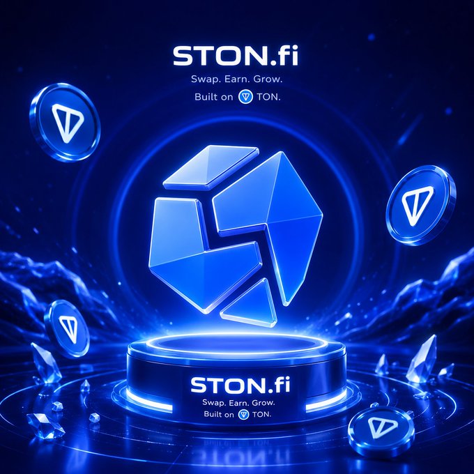 A glowing blue 3D promotional image for 'STON.fi' features the tagline 'Swap. Earn. Grow. Built on TON' with floating Toncoin (TON) cryptocurrency tokens.