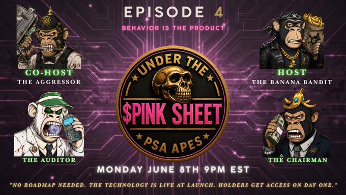 The image features a poster for an event called "Under The Pink Sheet" with four cartoon monkeys, each wearing different colored outfits, standing next to each other against a purple background. The poster also includes text that reads "Episode 4 Behavior Is the Product", which suggests that this is a promotional event or discussion about behavior and its connection to the product being advertised.