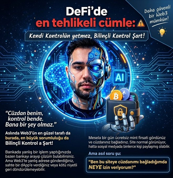 A Turkish-language DeFi/Web3 awareness graphic featuring a half-human, half-robotic face alongside AI, Bitcoin, and crypto wallet icons, with the warning headline "DeFi'de en tehlikeli cümle" (The most dangerous sentence in DeFi) and the tagline "Kendi Kontrolün yetmez, Bilinçli Konsantrasyon Şart!" (Your own control isn't enough, conscious focus is essential), emphasizing the risks of blindly trusting self-custody in crypto.