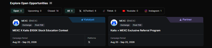 A dashboard titled "Explore Open Opportunities" showing MEXC (MEXC) campaigns: "MEXC X Kaito $100K Stock Education Contest" (Katalyšt, Aug 20 - Sep 20, 2026) and "Kaito x MEXC Exclusive Referral Program" (Partner).