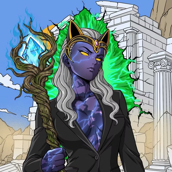 An anime-style illustration of a blue-skinned character with yellow eyes, white hair, cat-ear-like headpiece, and lightning patterns on their body, wearing a black suit and holding a staff, standing before ancient Greek columns with green energy emanating from a cracked wall behind them.