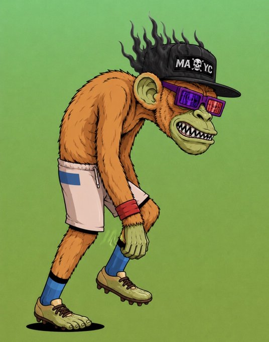 A cartoon illustration of a monkey dressed in streetwear, including a black 'MA☠YC' snapback hat, purple sunglasses, white shorts, blue socks, and cleats, standing on a green background.