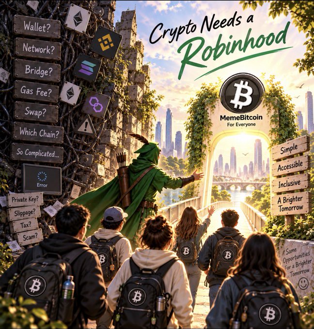 A promotional graphic titled "Crypto Needs a Robinhood" for "MemeBitcoin - For Everyone," depicting a green-clad archer guiding people with Bitcoin backpacks away from crypto confusion (labeled Wallet?, Network?, Bridge?, Gas Fee?) toward a bright city.