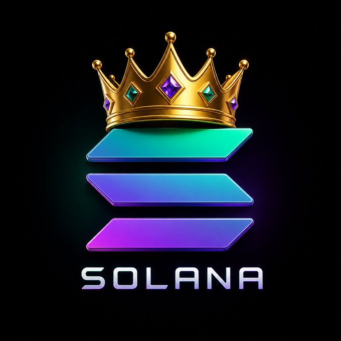 The image features the Solana logo—a stack of three glowing gradient parallelograms in teal, purple, and blue—topped with a golden jewel-encrusted crown, with the word "SOLANA" displayed beneath it on a dark background. It symbolizes the post's optimism, portraying Solana as royalty reclaiming its throne in the crypto space.