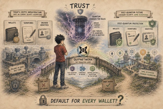 An infographic illustrating the transition from current crypto infrastructure to a post-quantum future, featuring a person standing between 'TODAY'S CRYPTO INFRASTRUCTURE' and 'POST-QUANTUM FUTURE' sections, with QUIPNETWORK positioned at a central bridge and asking 'DEFAULT FOR EVERY WALLET?'