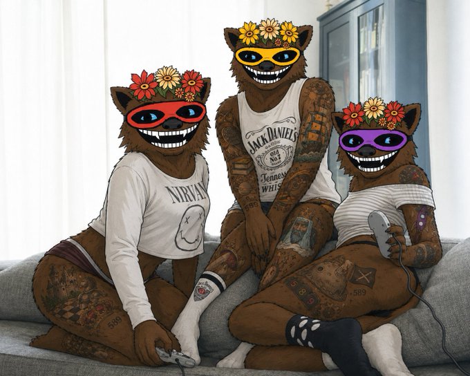 A whimsical AI-generated illustration shows three anthropomorphic bear-like figures with flower crowns and colorful masks, sitting on a couch. They have tattooed bodies and are wearing branded shirts, with one playing a video game controller.