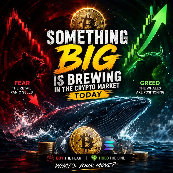 A crypto market graphic with the text "SOMETHING BIG IS BREWING IN THE CRYPTO MARKET TODAY," featuring a bear labeled "FEAR THE RETAIL PANIC SELLS," a bull labeled "GREED THE WHALES ARE POSITIONING," and various cryptocurrencies including Bitcoin, Ethereum, and Solana.