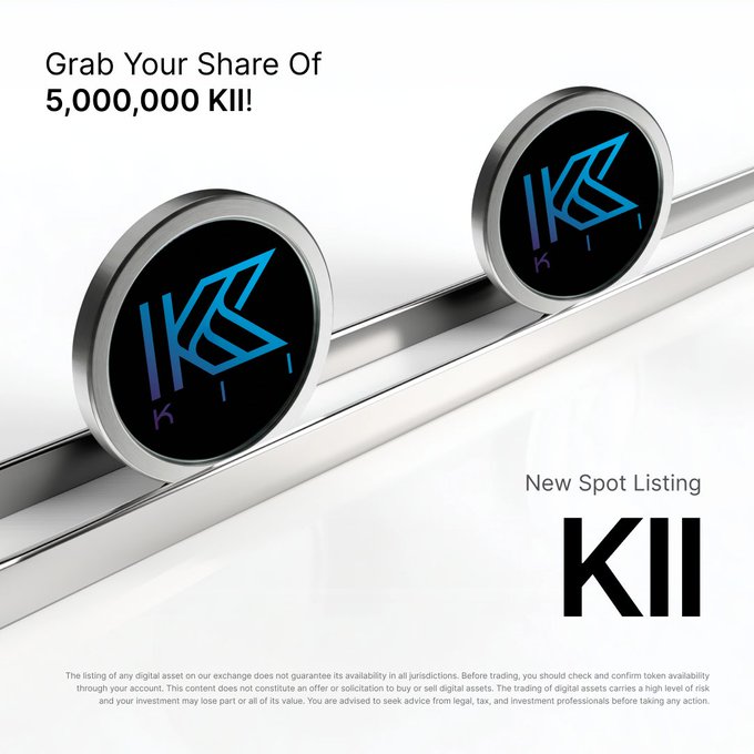 The image advertises a "New Spot Listing" of KII on Bybit, featuring two metallic coin-like emblems with the KII logo and the headline "Grab Your Share Of 5,000,000 KII!" to promote the 5,000,000 KII prize pool mentioned in the post.